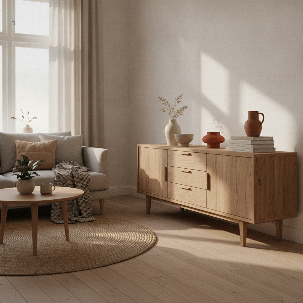 Modern houten dressoir in warme woonkamer met decoratie