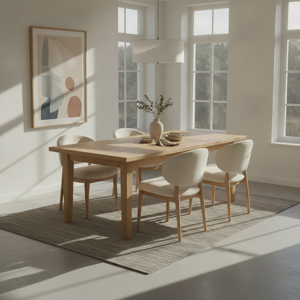moderne eetkamerstoelen in warme woonkamer met natuurlijk licht