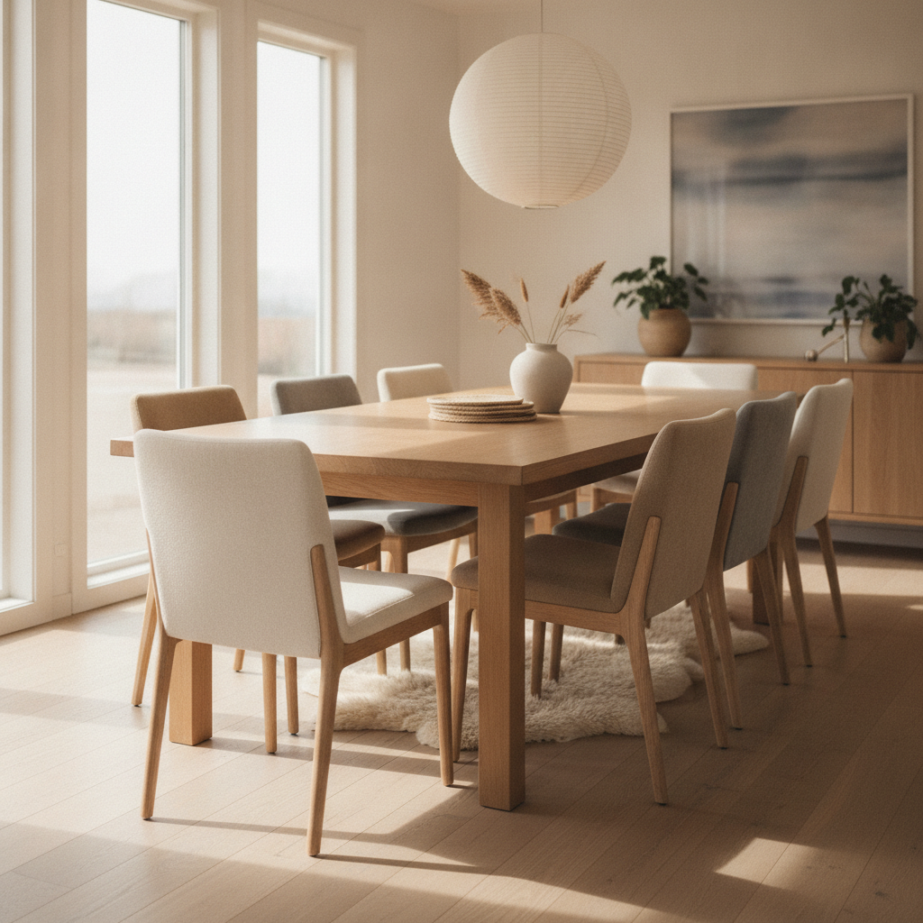 moderne eetkamer met comfortabele stoelen rond houten tafel in natuurlijk licht