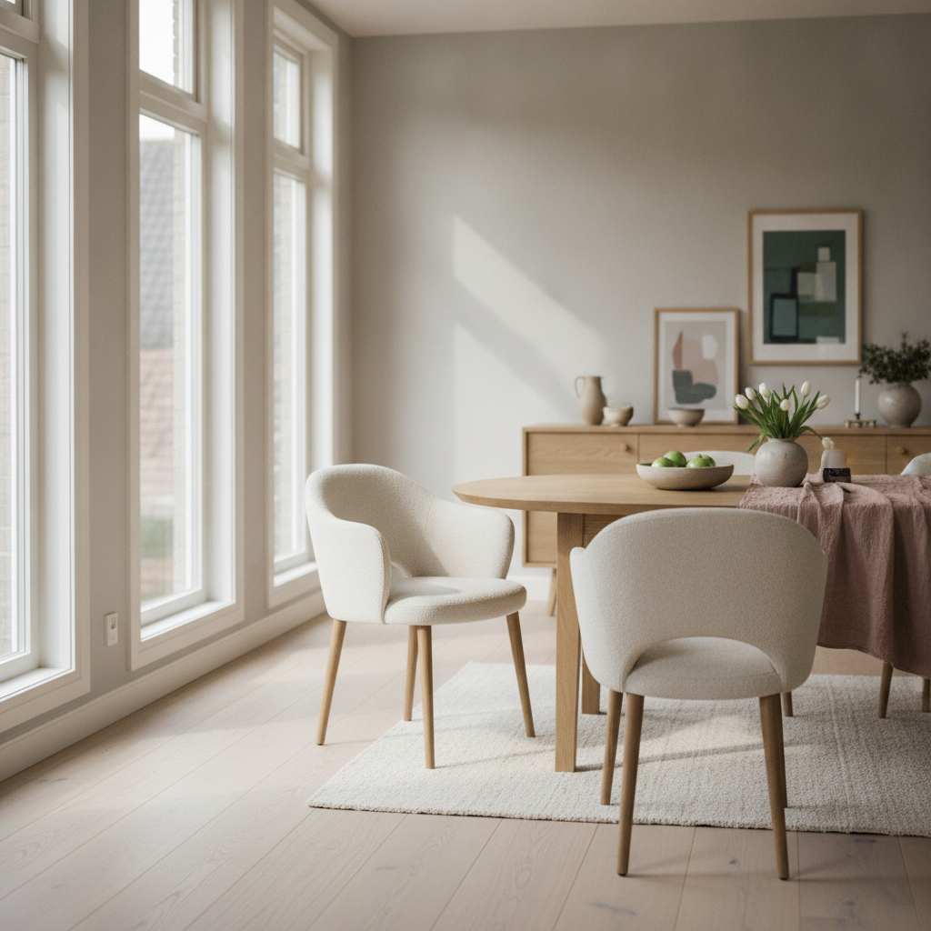 Moderne eetkamerstoelen rond houten tafel in warm daglicht