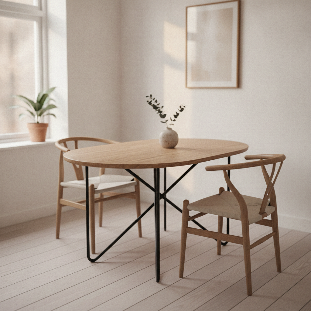 Ovale houten eettafel met ranke poten in lichte, smalle eetkamer