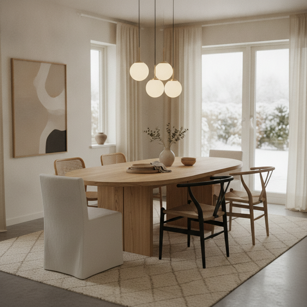 Moderne eetkamer met ovale houten eettafel, stoelen en natuurlijk licht