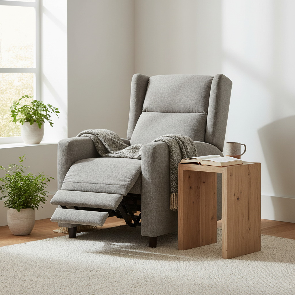 Verstelbare relaxfauteuil in moderne woonkamer met voetensteun omhoog
