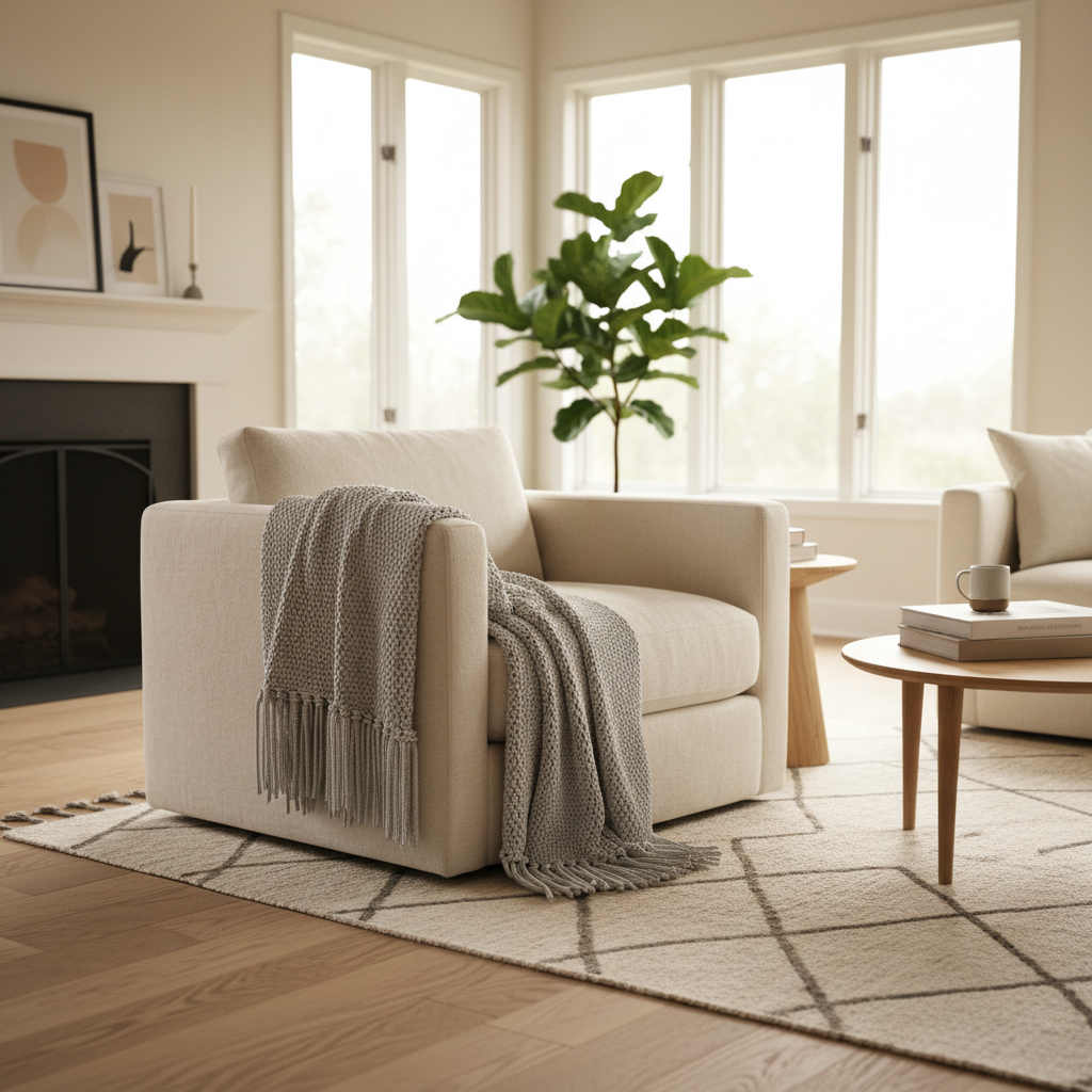 Comfortabele fauteuil in lichte woonkamer met natuurlijk licht