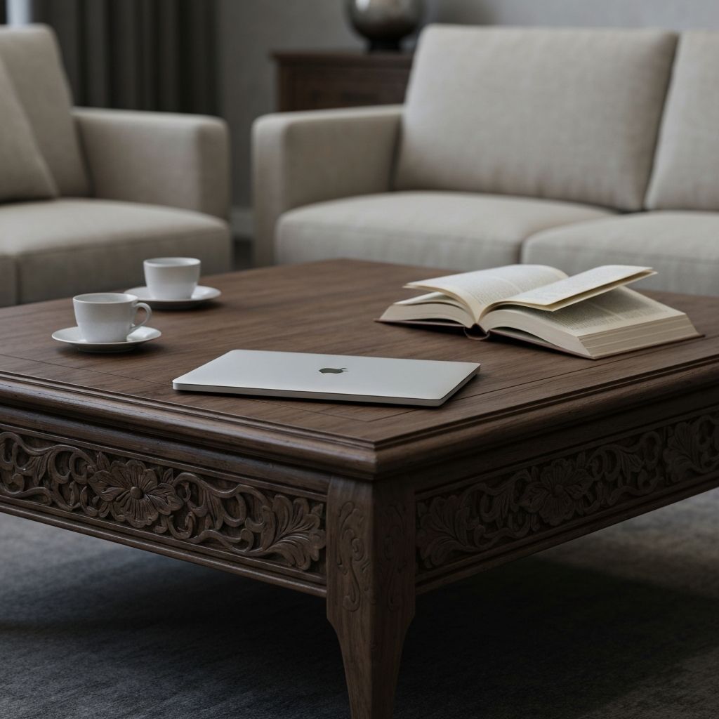 Modern living room with dark coffee table