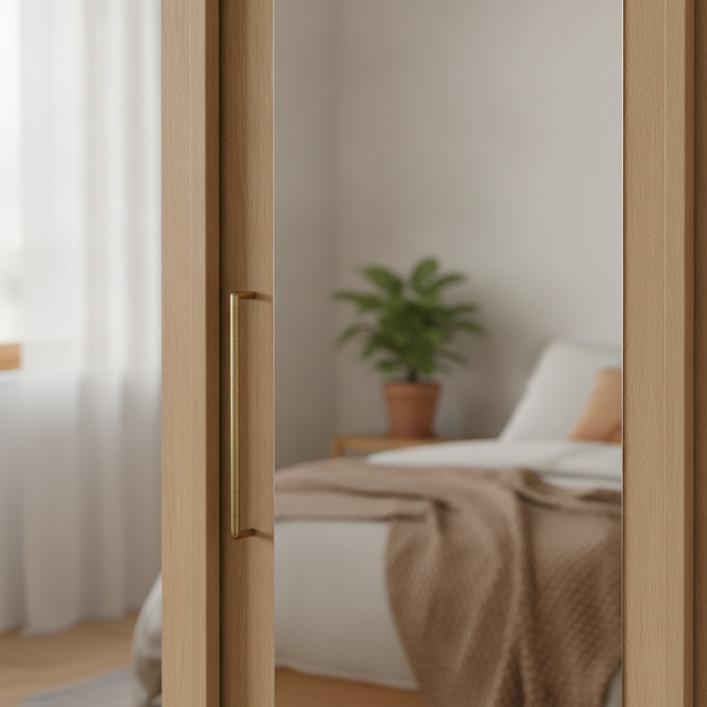 Close-up van schuifdeurkast met spiegelpaneel in moderne slaapkamer