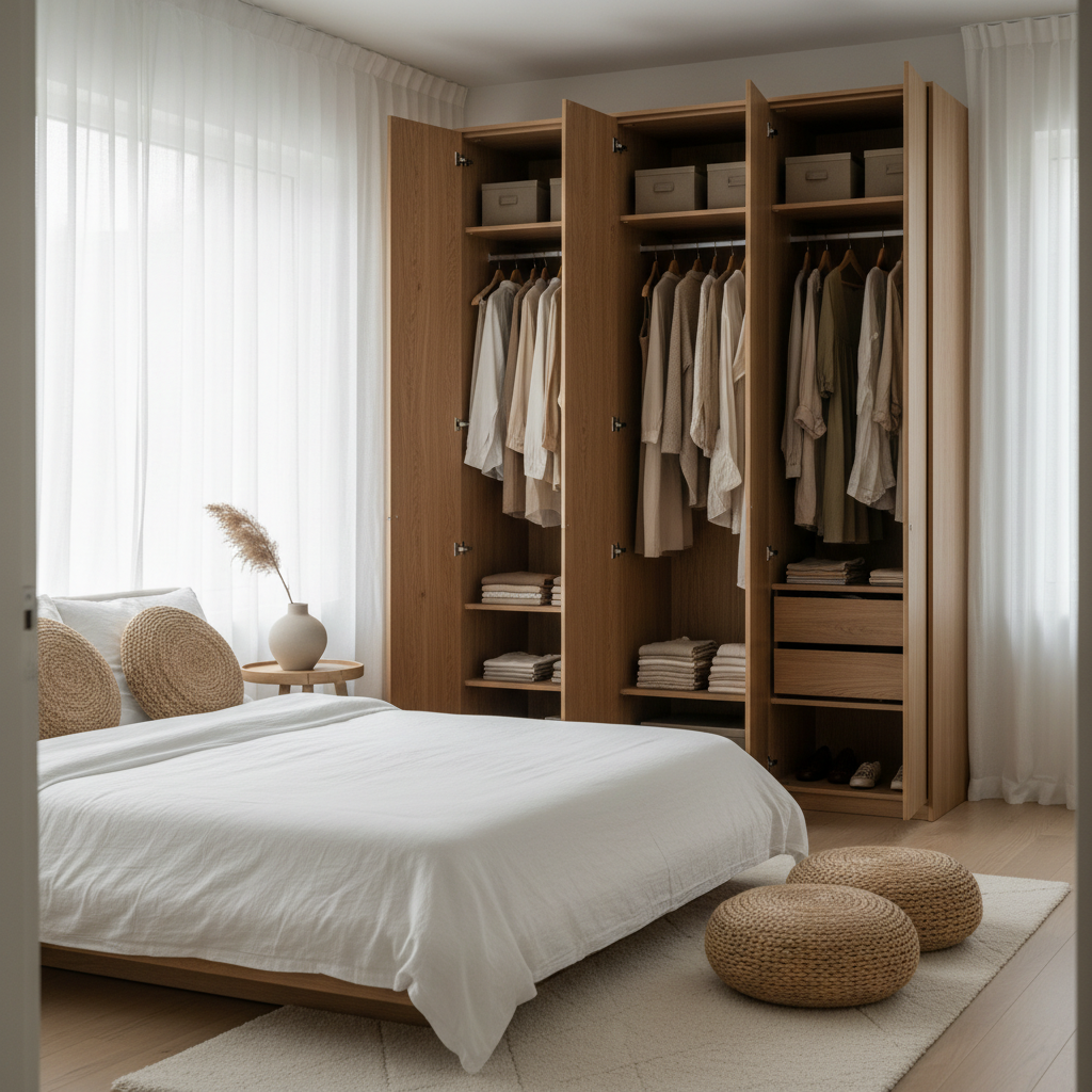 lichte slaapkamer met moderne kledingkast in natuurlijke tinten, open deuren tonen georganiseerde kleding