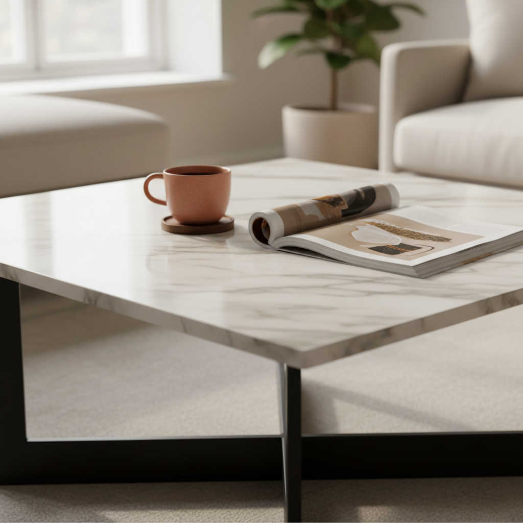 close-up van moderne salontafel met marmerlook blad en metalen onderstel