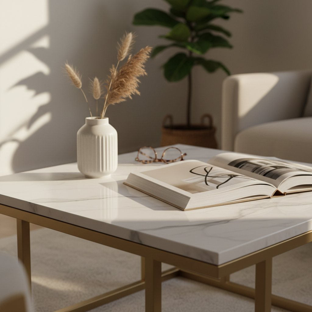 Close-up van salontafel met marmerlook blad en gouden metalen frame in modern interieur