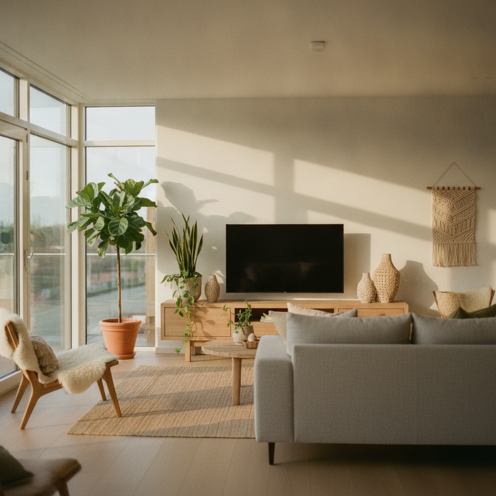 Modern tv-meubel in natuurlijke woonkamer met warme verlichting