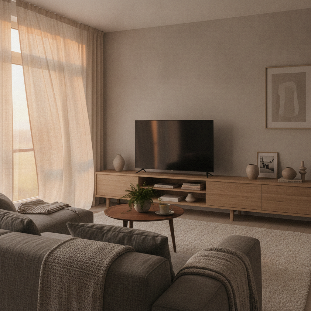 moderne woonkamer met tv-meubel in warm hout en televisie, natuurlijk licht