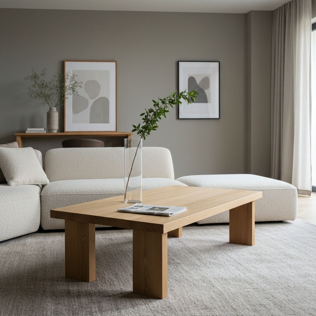 Houten salontafel voor een grijze hoekbank